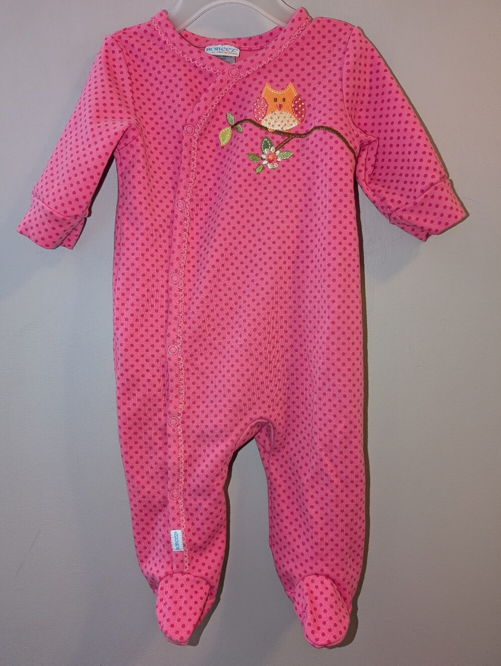 🦉 Robeez Hot Pink Polkadot Owl Baby Sleeper Footed Pajamas PJ One Piece 6 Month